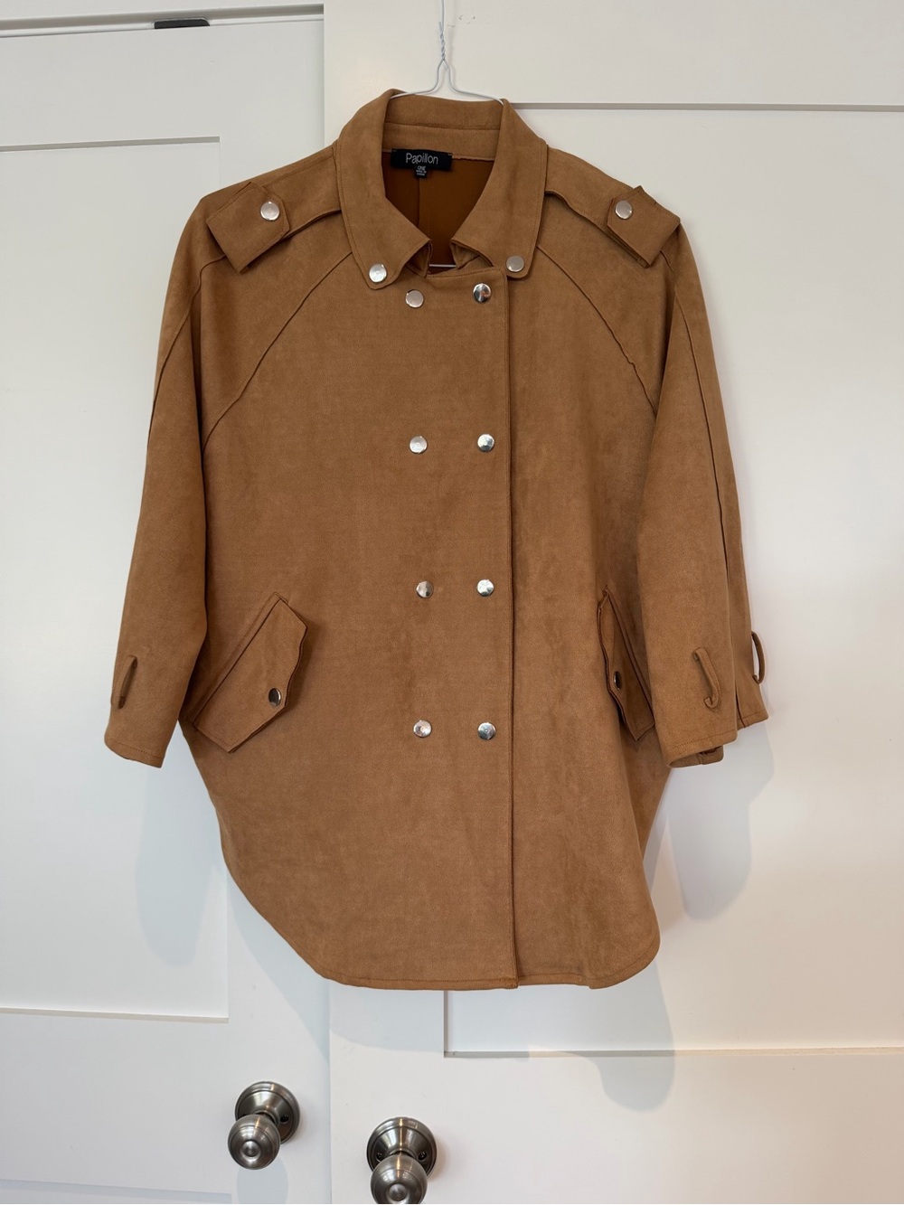 Camel Brown Faux Suede Double-Breasted Coat